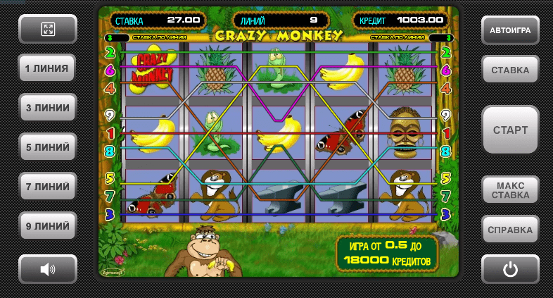 9 linii în Crazy Monkey